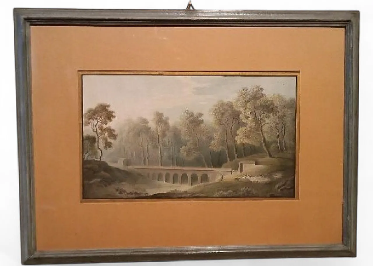 Paesaggio con acquedotto e ponte, acquerello su carta, '800 9