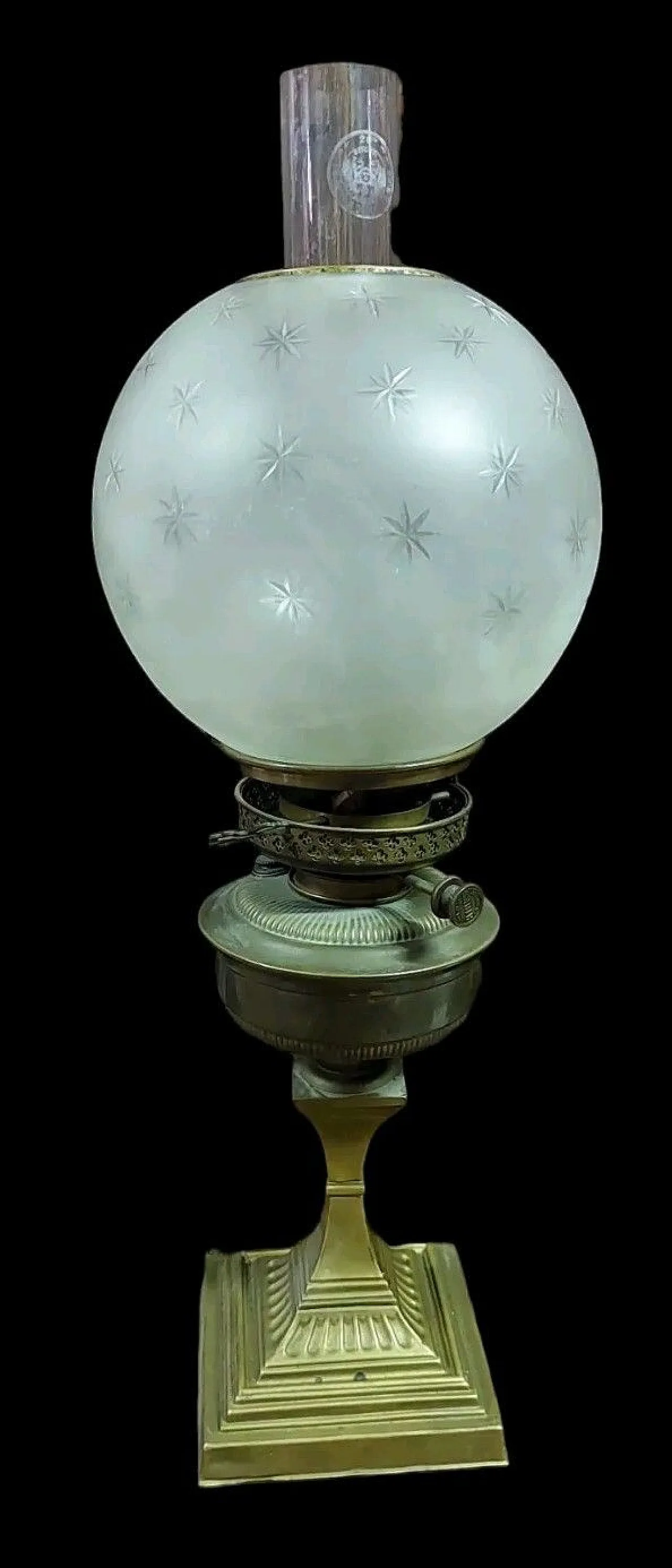 Luce ad olio in ottone in vetro inciso, '800 1