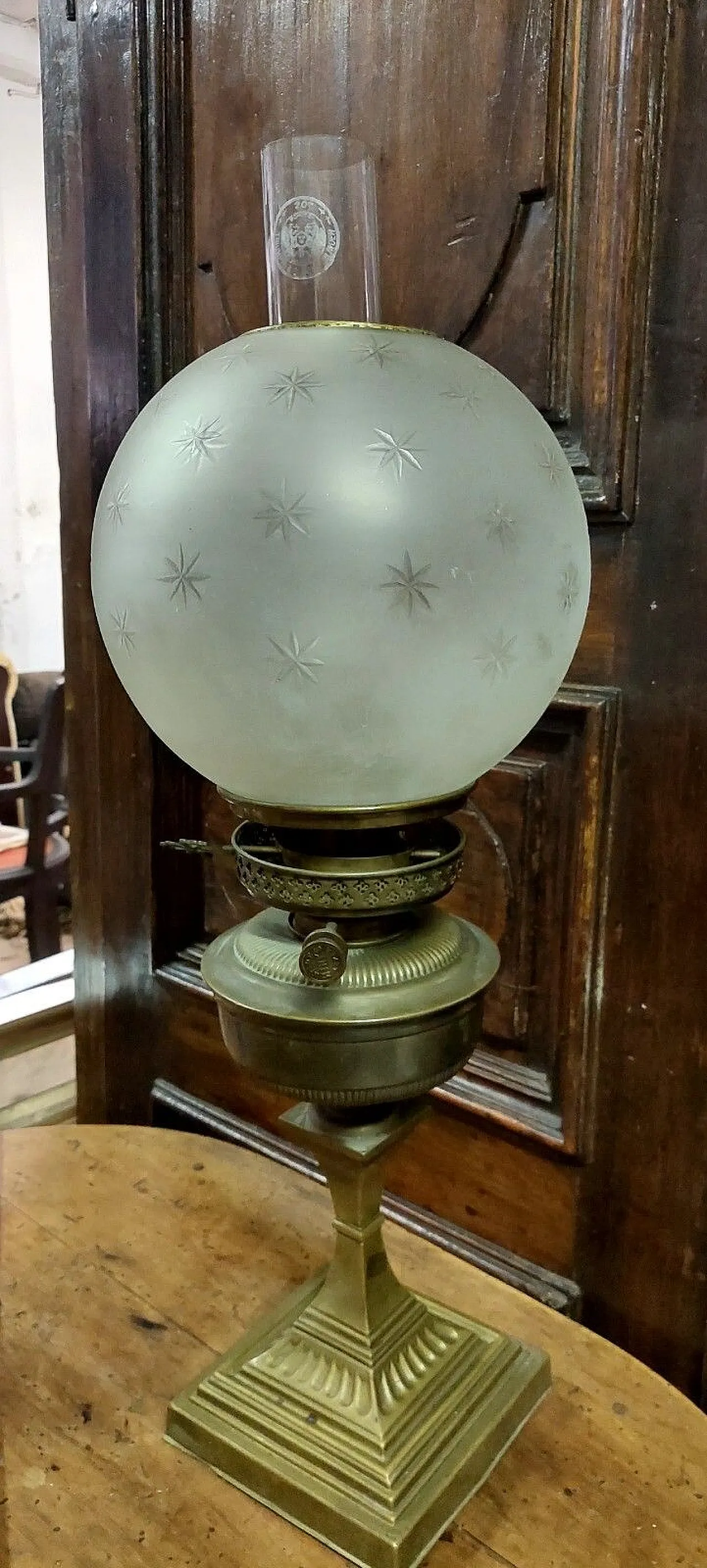 Luce ad olio in ottone in vetro inciso, '800 4