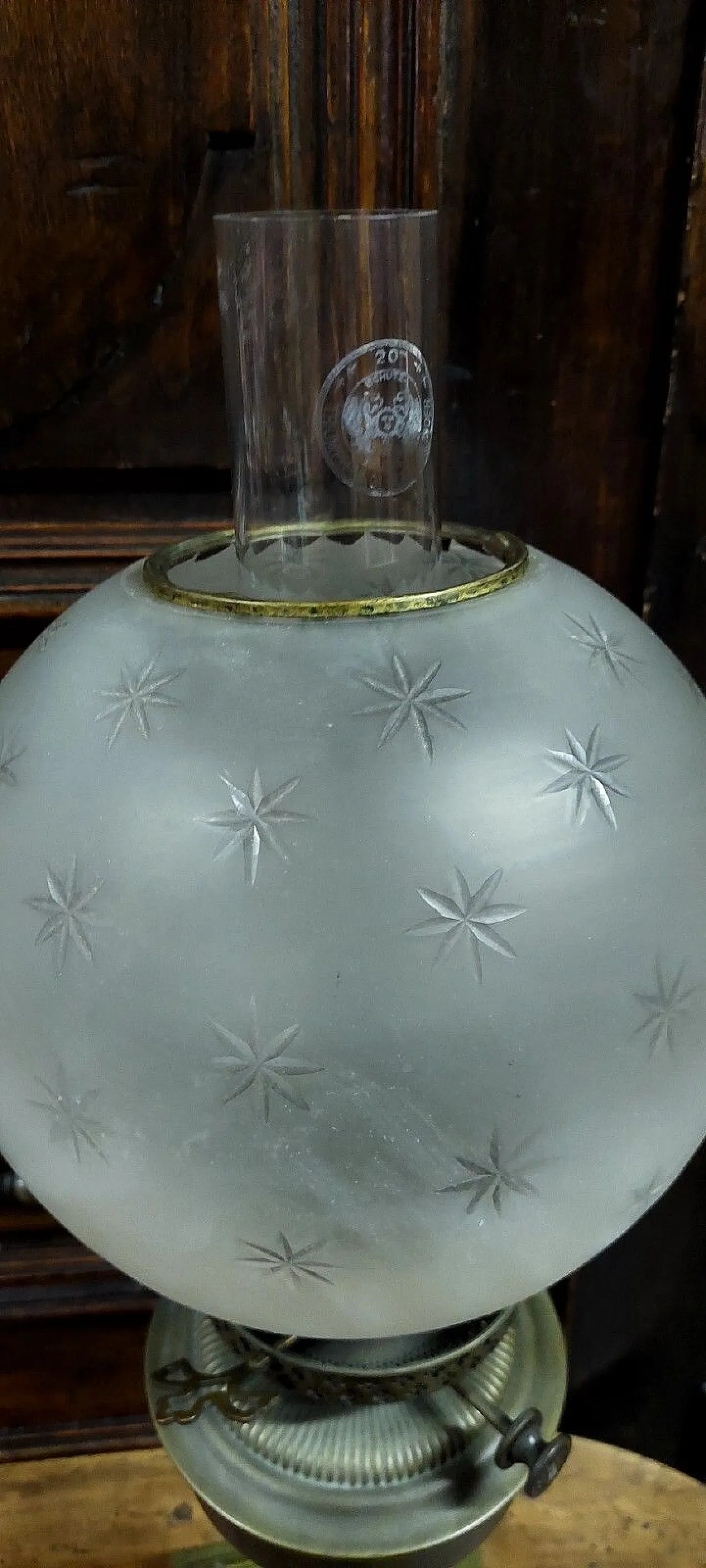 Luce ad olio in ottone in vetro inciso, '800 7