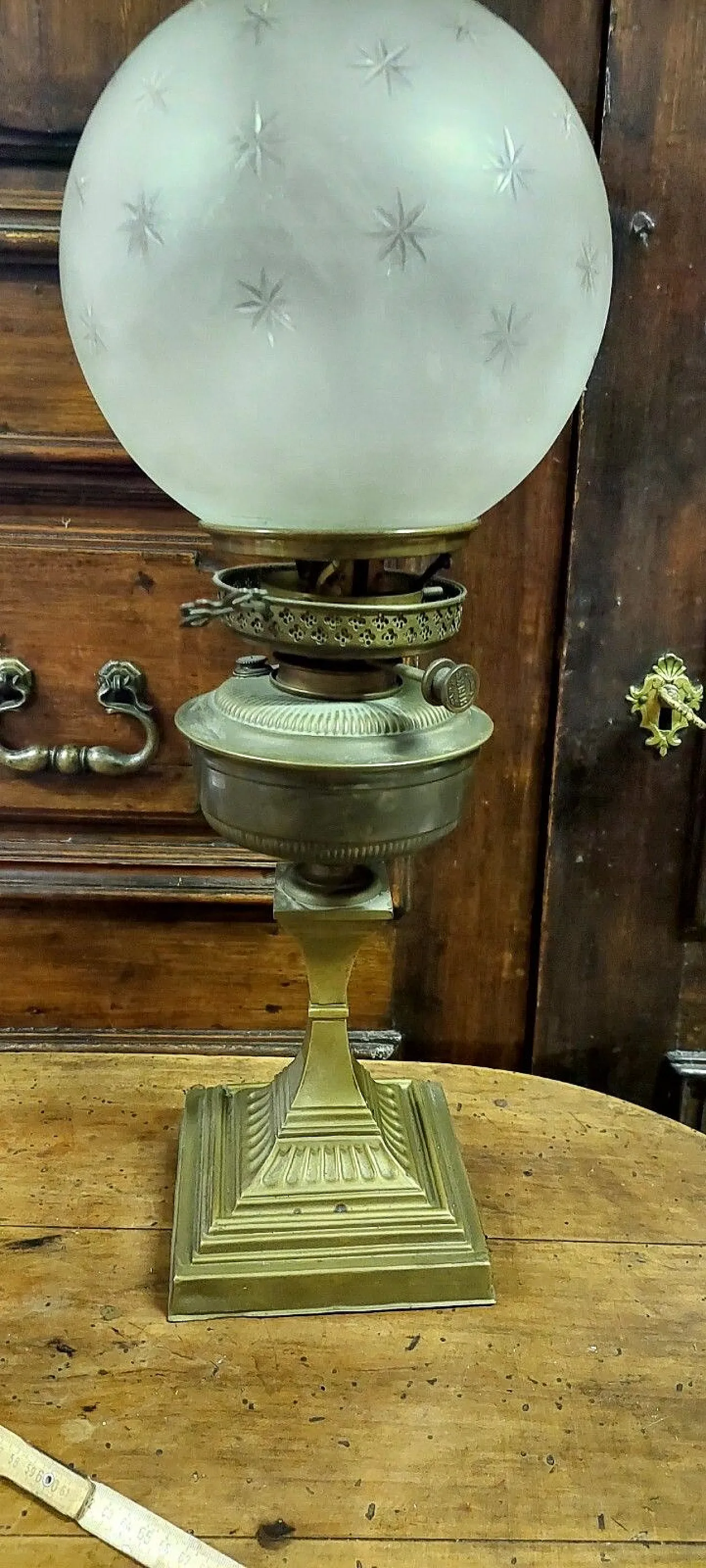 Luce ad olio in ottone in vetro inciso, '800 8
