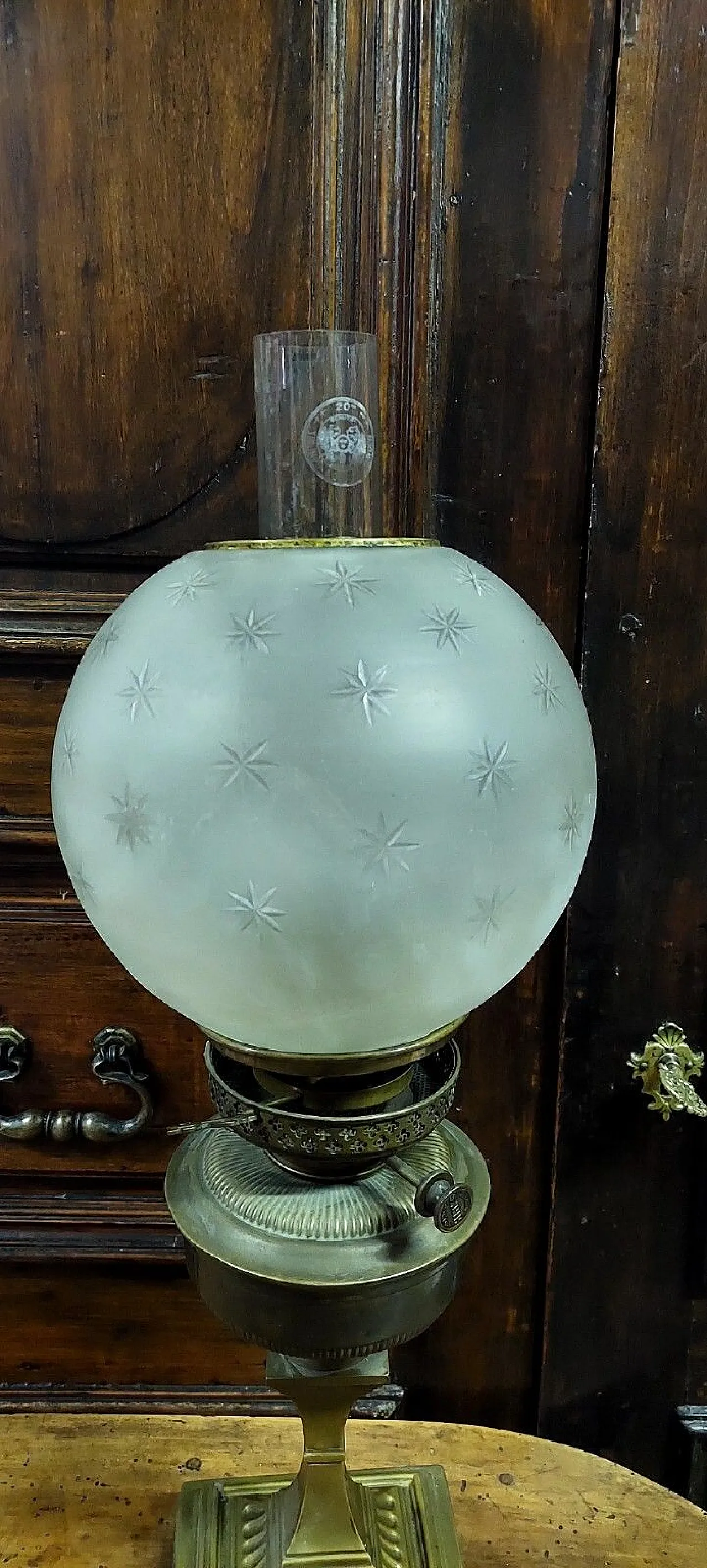 Luce ad olio in ottone in vetro inciso, '800 9