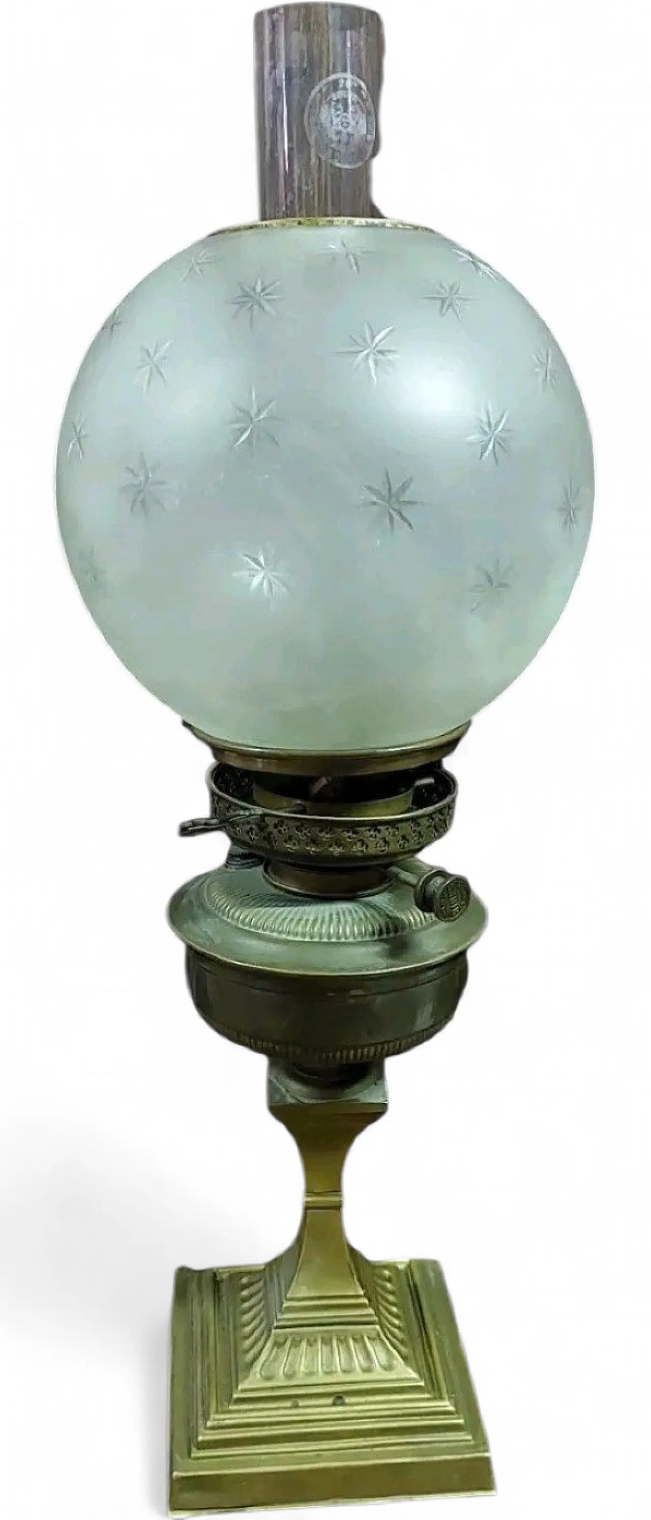 Luce ad olio in ottone in vetro inciso, '800 10