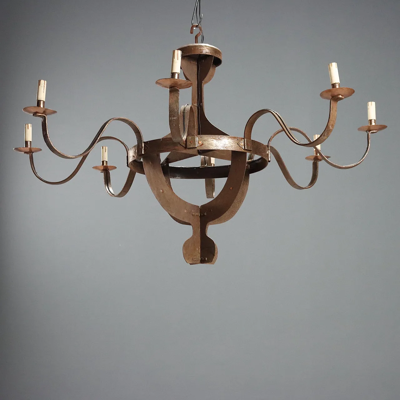 Wrought iron, copper, and sheet metal chandelier, early 20th century 1
