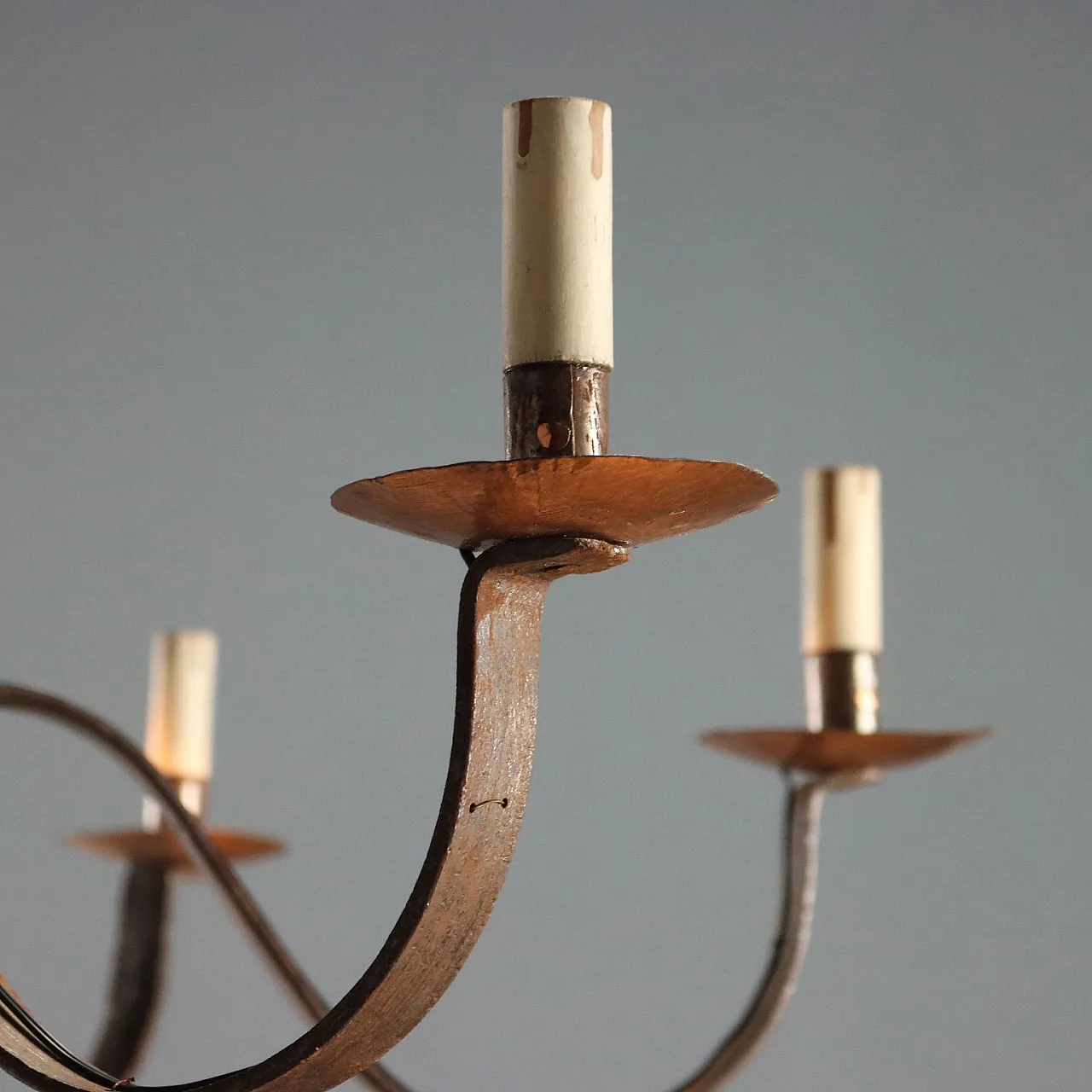 Wrought iron, copper, and sheet metal chandelier, early 20th century 4