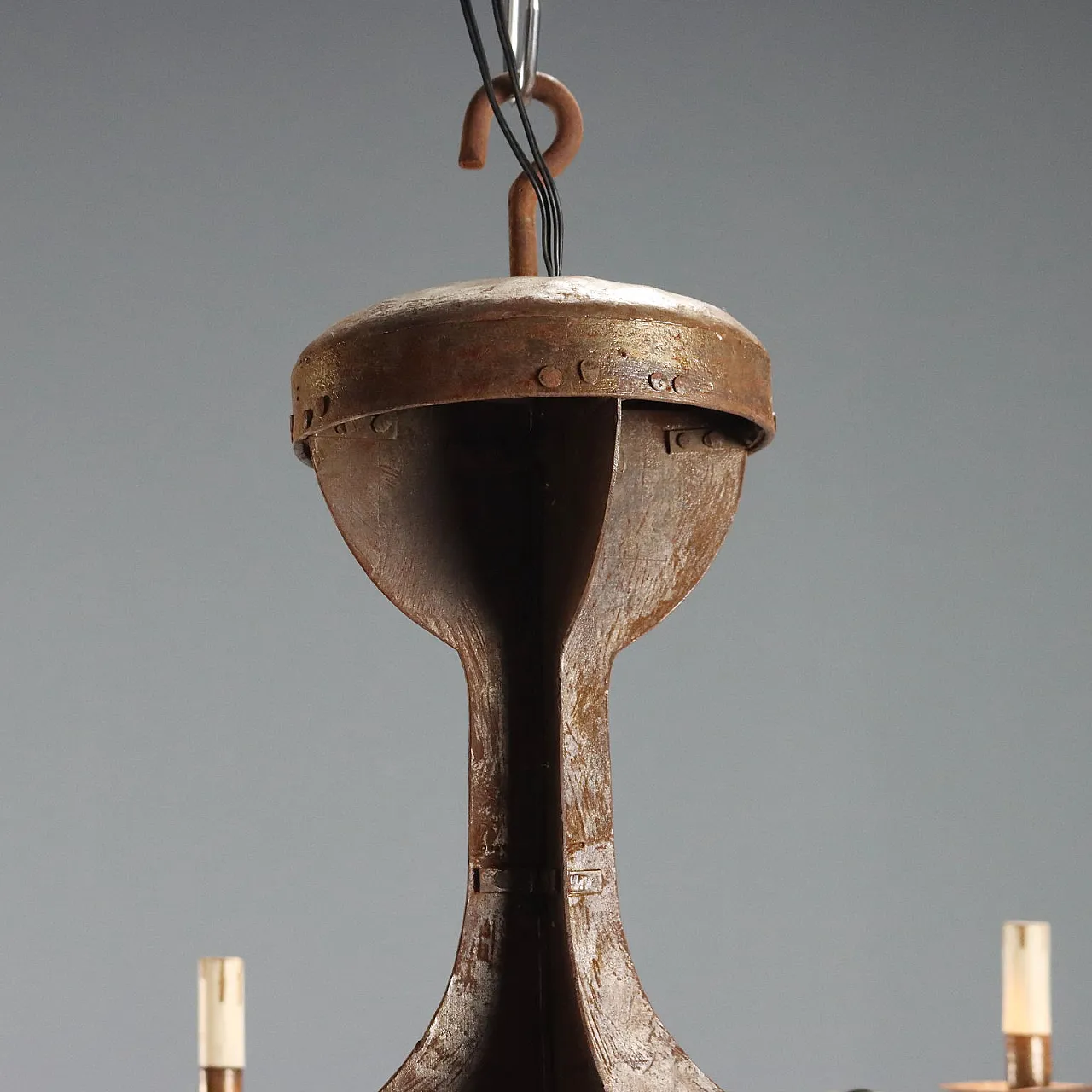 Wrought iron, copper, and sheet metal chandelier, early 20th century 8