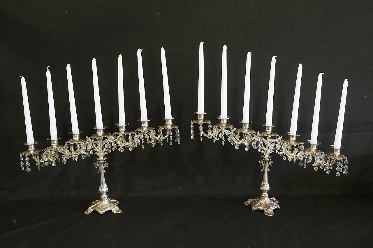 Coppia candelabri liturgici 7 fiamme stile barocco argentati, anni '30 2