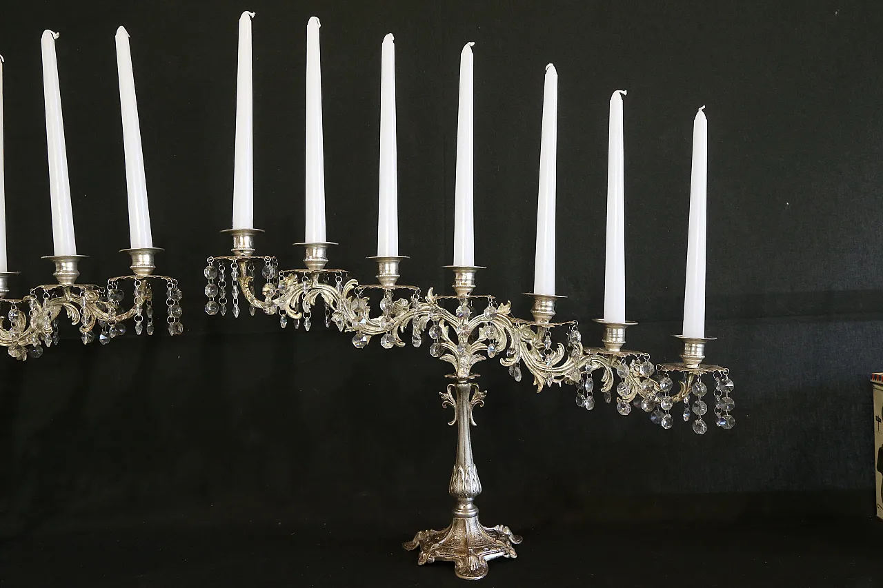 Coppia candelabri liturgici 7 fiamme stile barocco argentati, anni '30 4