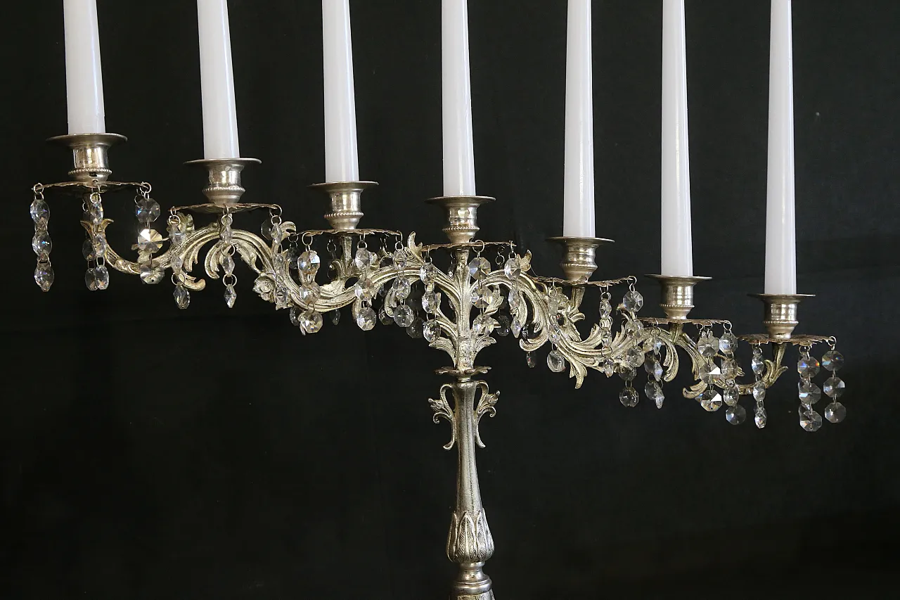 Coppia candelabri liturgici 7 fiamme stile barocco argentati, anni '30 5