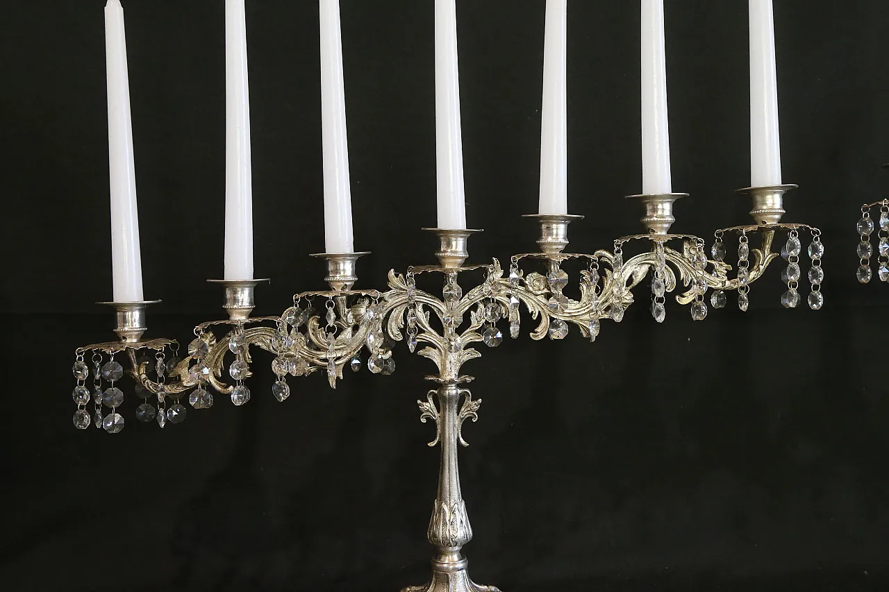 Coppia candelabri liturgici 7 fiamme stile barocco argentati, anni '30 6