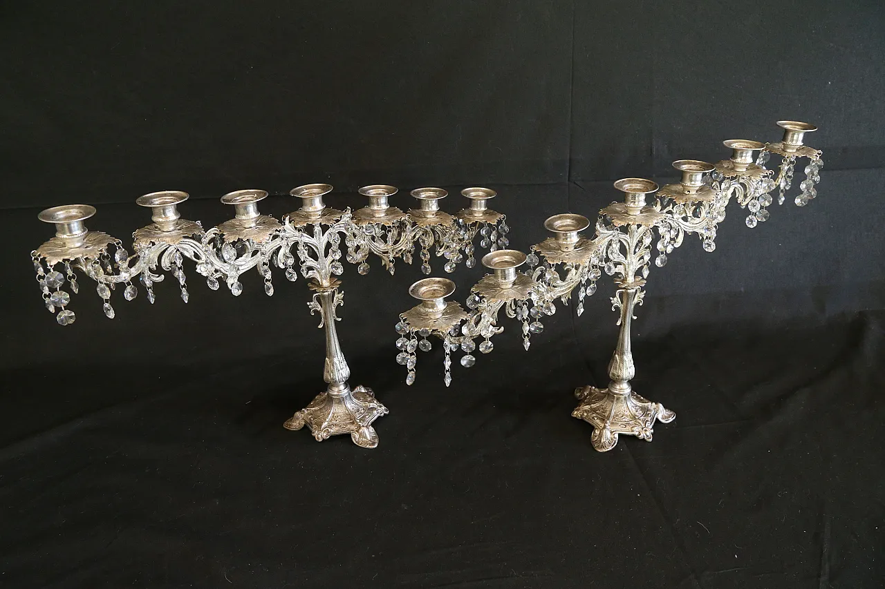 Coppia candelabri liturgici 7 fiamme stile barocco argentati, anni '30 12