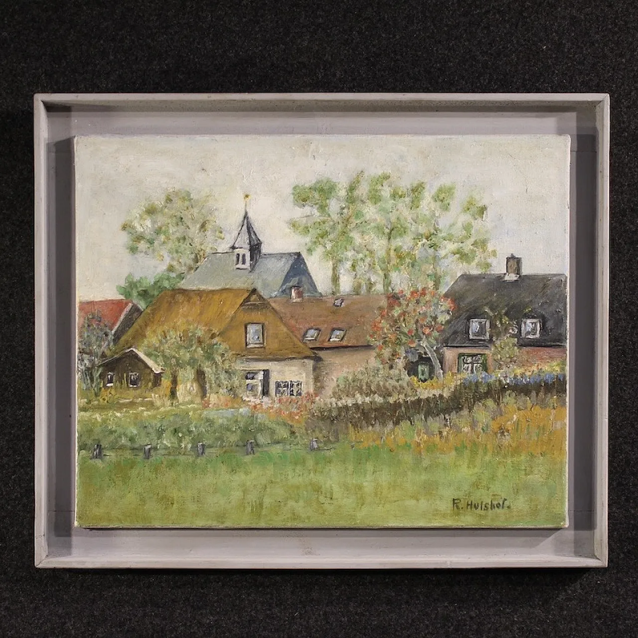 Dipinto olandese veduta di case in stile impressionista 1