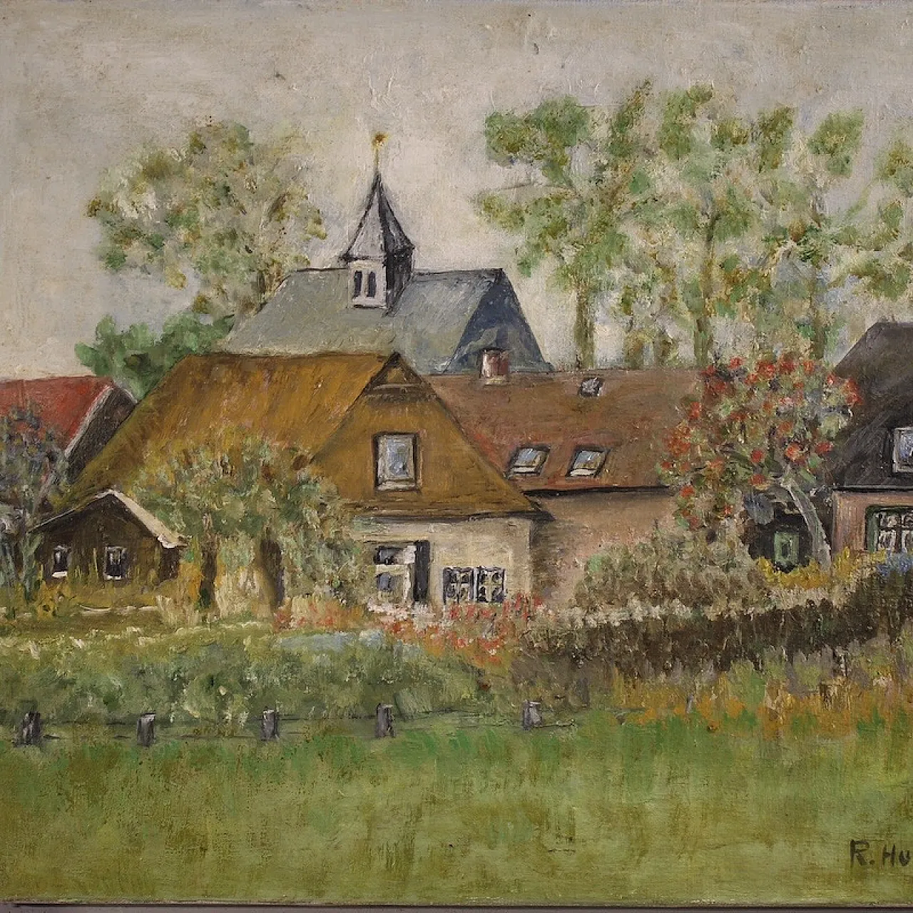 Dipinto olandese veduta di case in stile impressionista 3