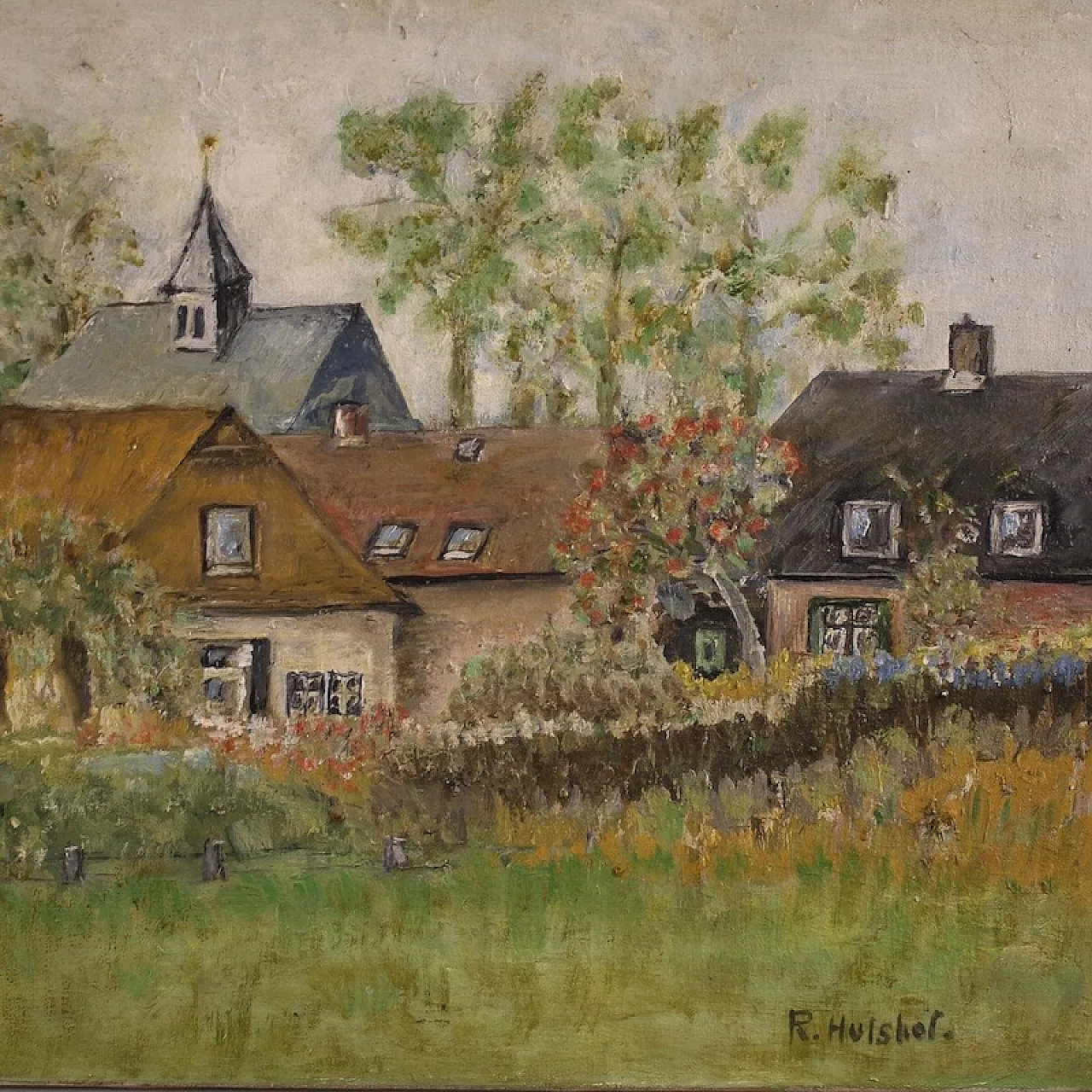 Dipinto olandese veduta di case in stile impressionista 4
