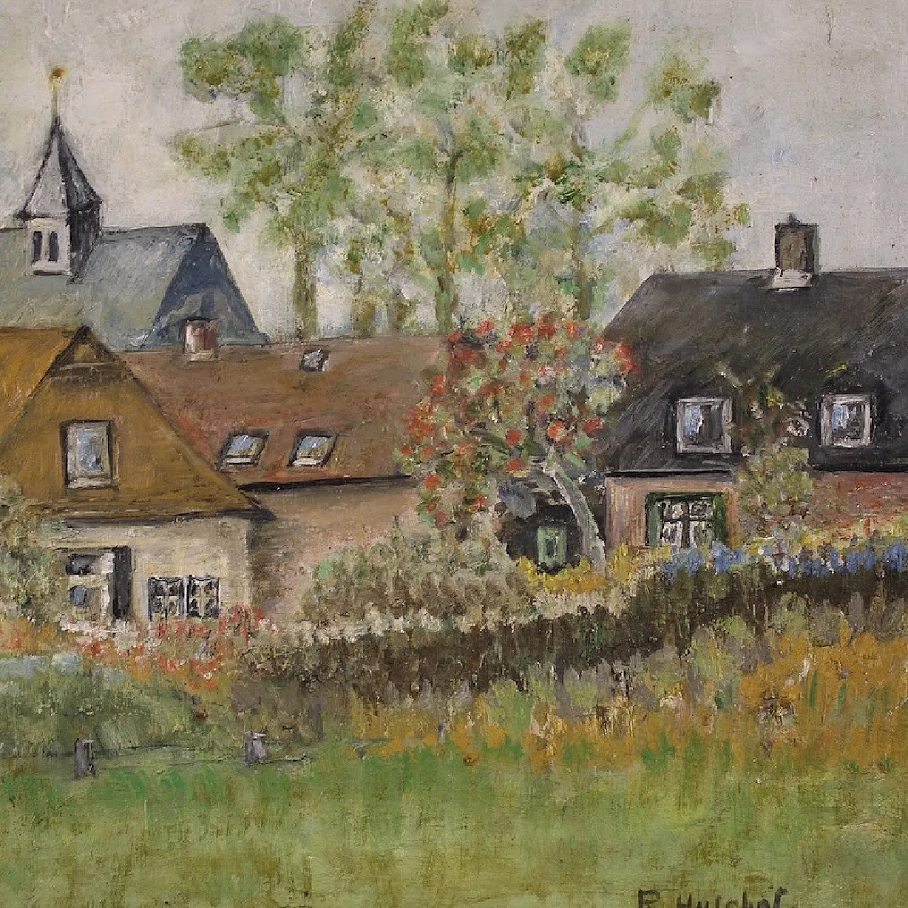 Dipinto olandese veduta di case in stile impressionista 11