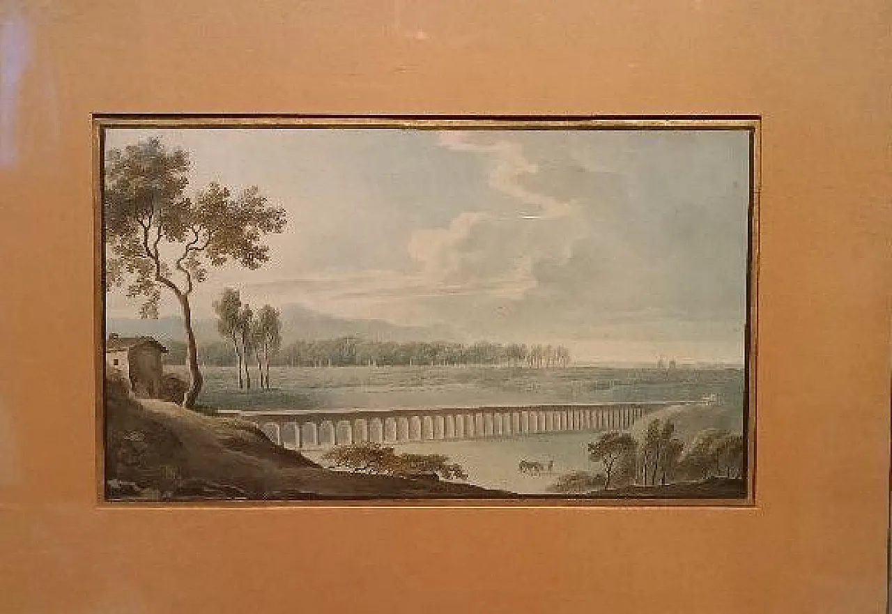 Paesaggio con acquedotto e ponte, acquerello su carta, '800 2