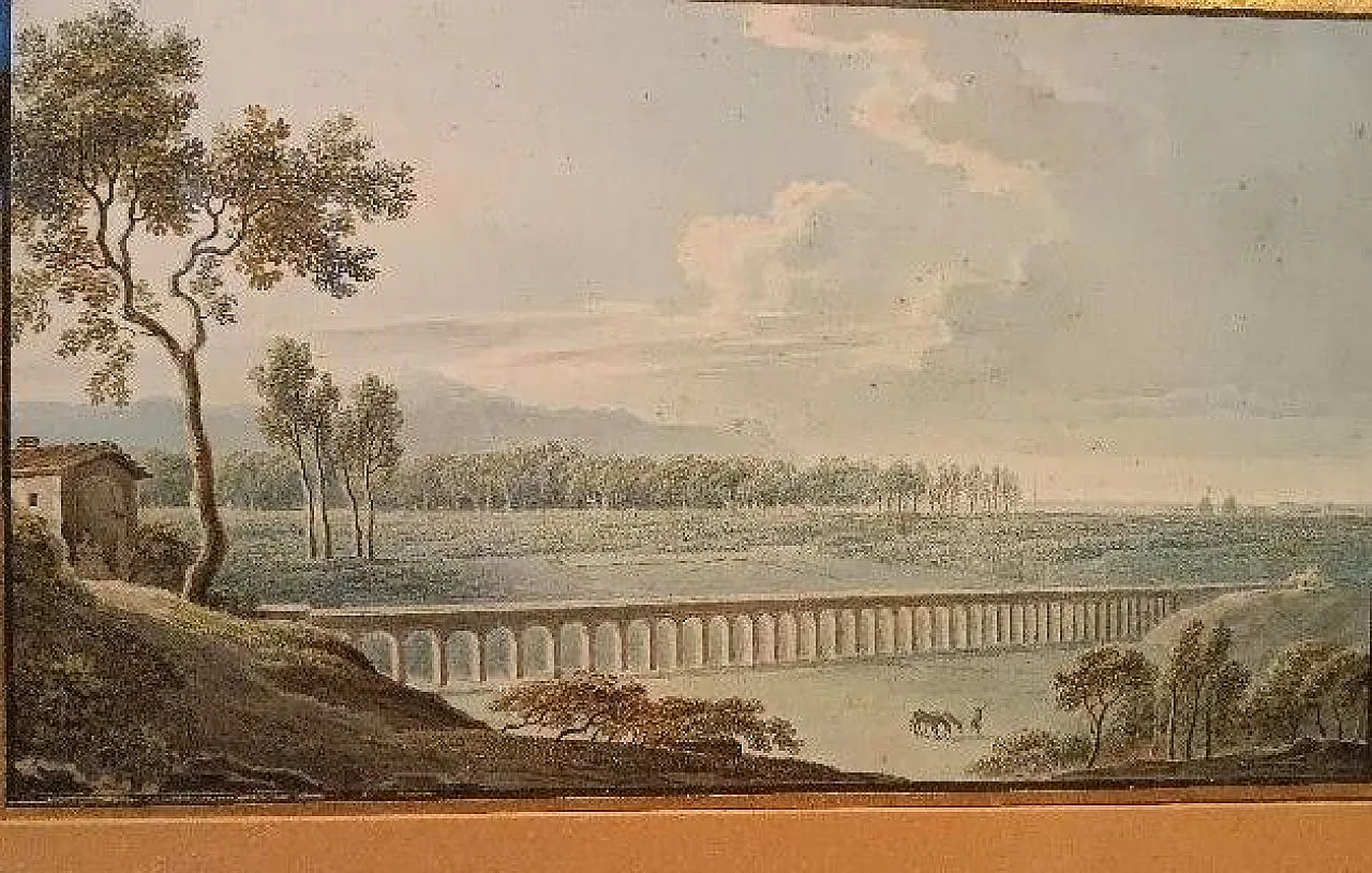 Paesaggio con acquedotto e ponte, acquerello su carta, '800 3