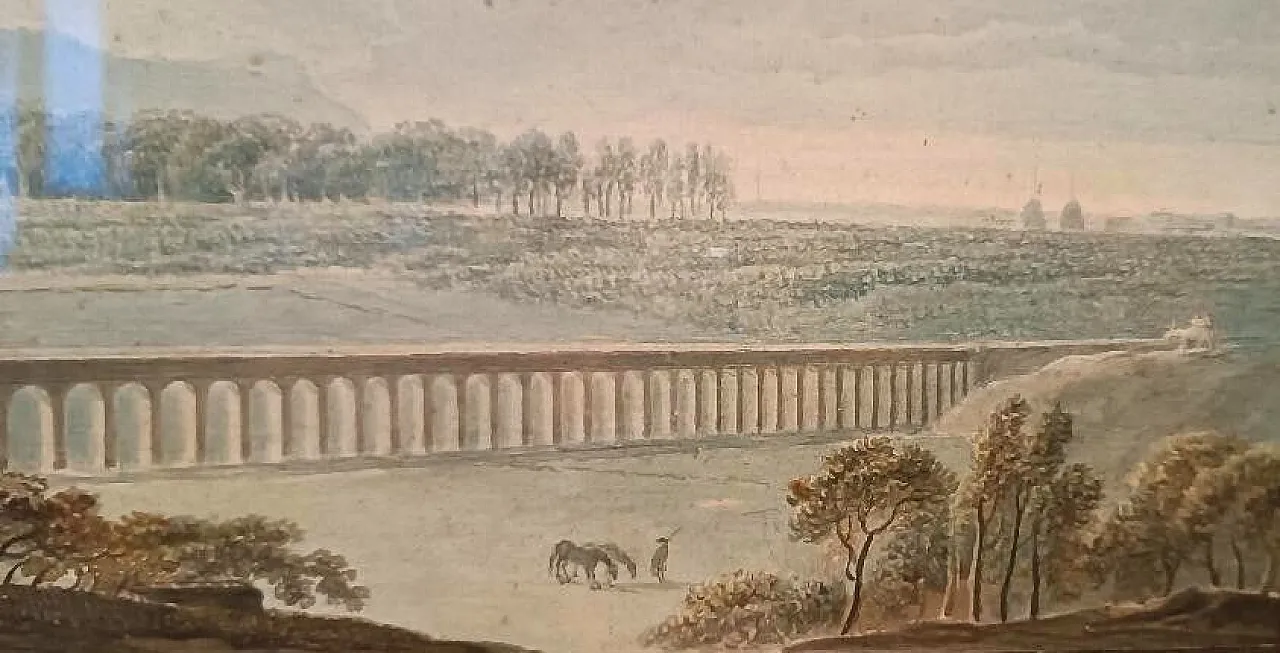 Paesaggio con acquedotto e ponte, acquerello su carta, '800 4