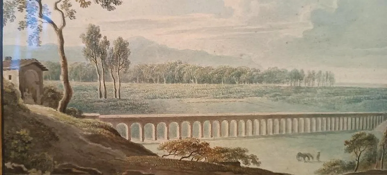 Paesaggio con acquedotto e ponte, acquerello su carta, '800 5