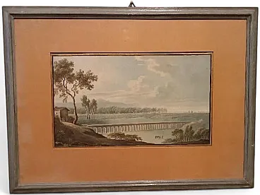 Paesaggio con acquedotto e ponte, acquerello su carta, '800