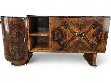 Credenza in piuma di noce e radica con base in alluminio, anni '40