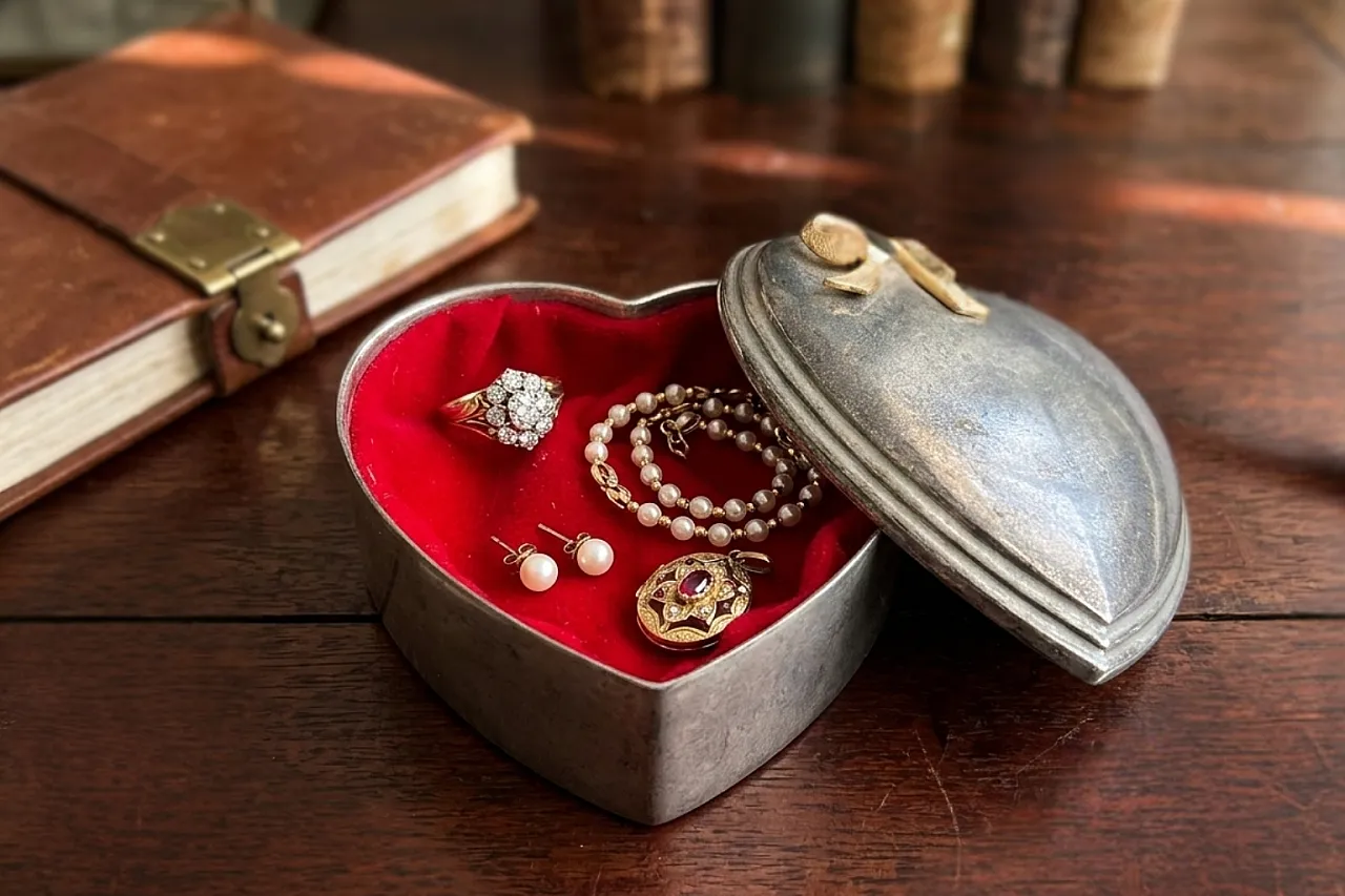 Heart-shaped metal jewelry box with golden bow, 90s 2