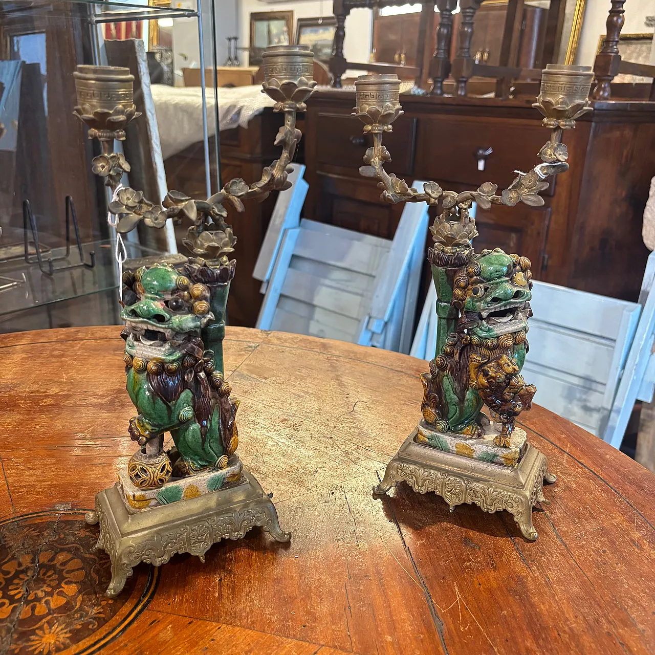 Cani di Fo' candlesticks in majolica and bronze, 19th century 1
