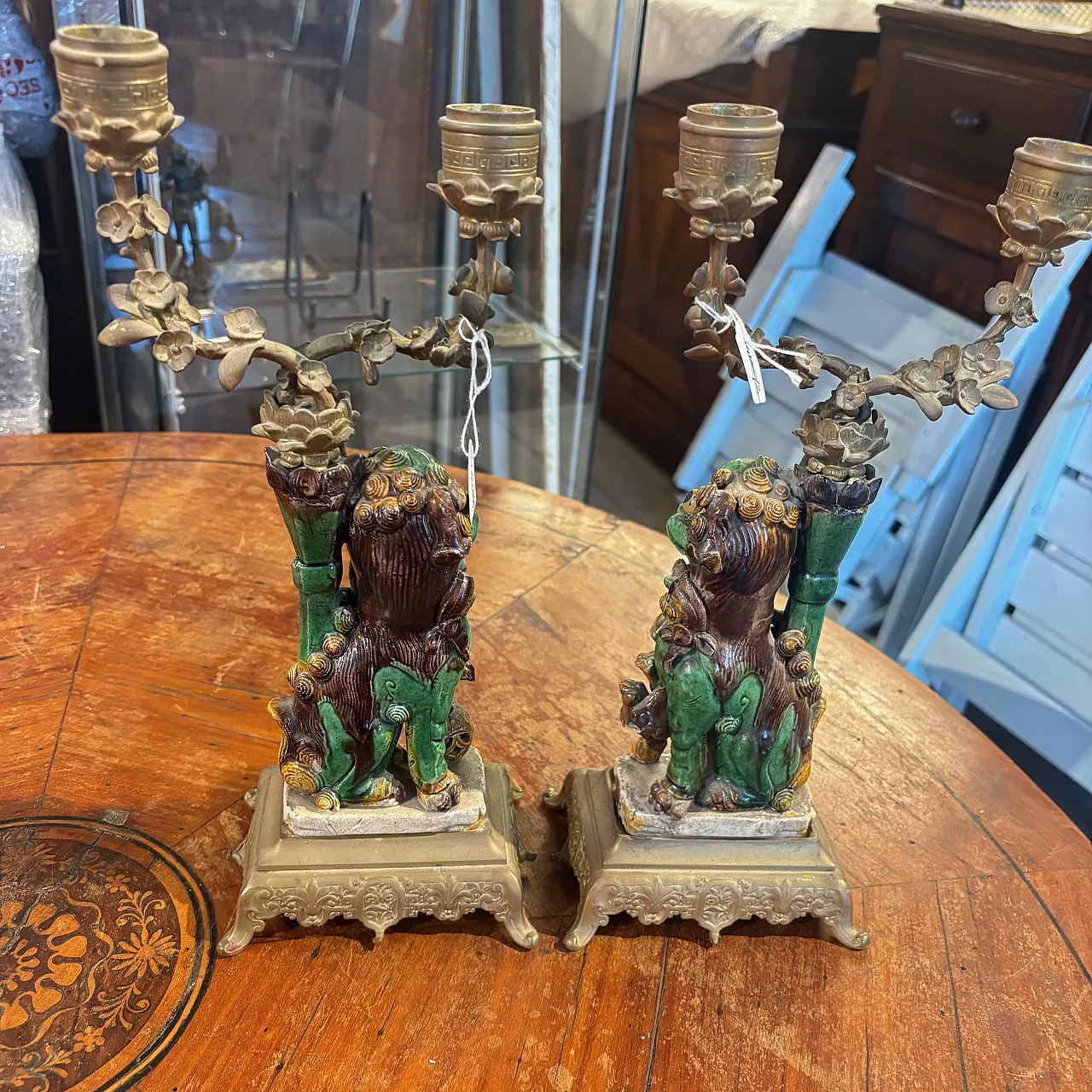 Cani di Fo' candlesticks in majolica and bronze, 19th century 8