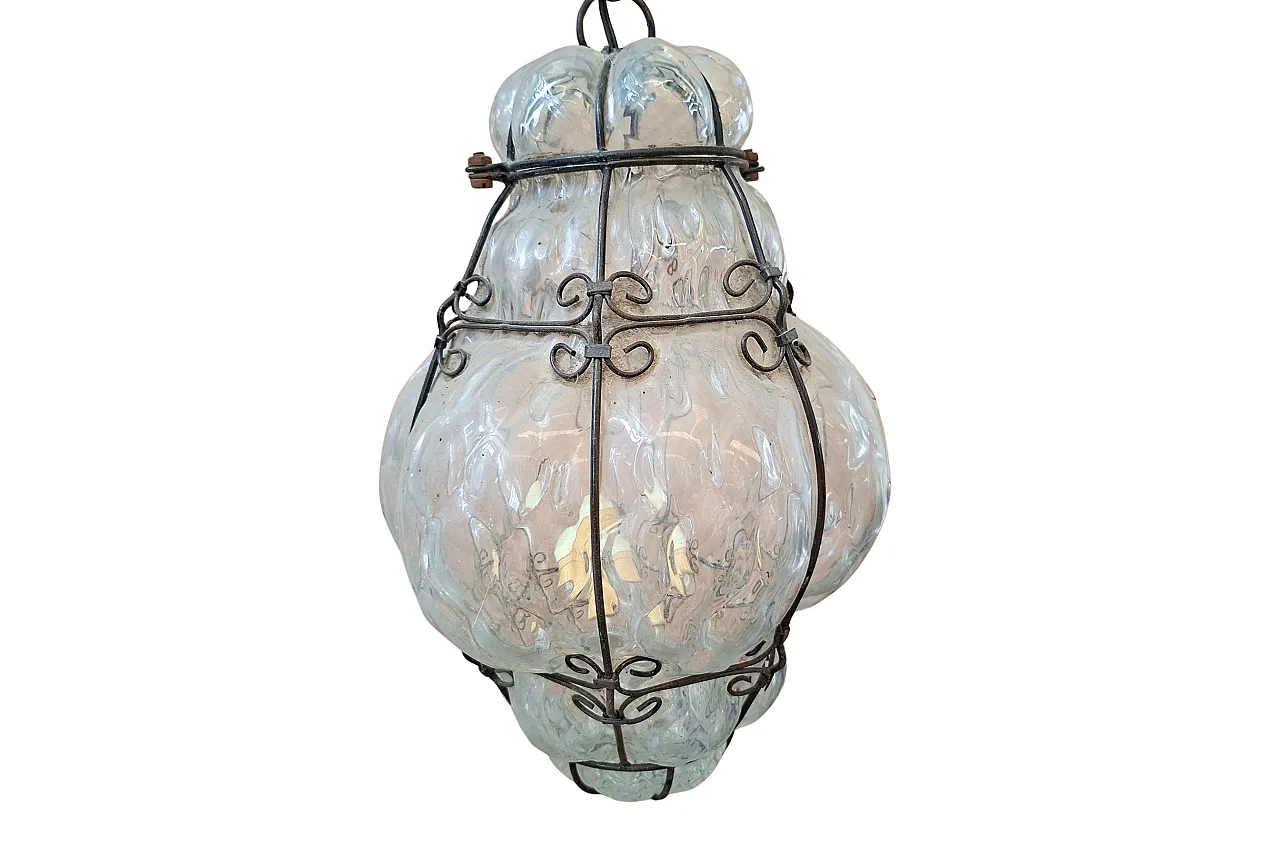 Suspension lamp in blown glass and wrought Iron, 90s 1