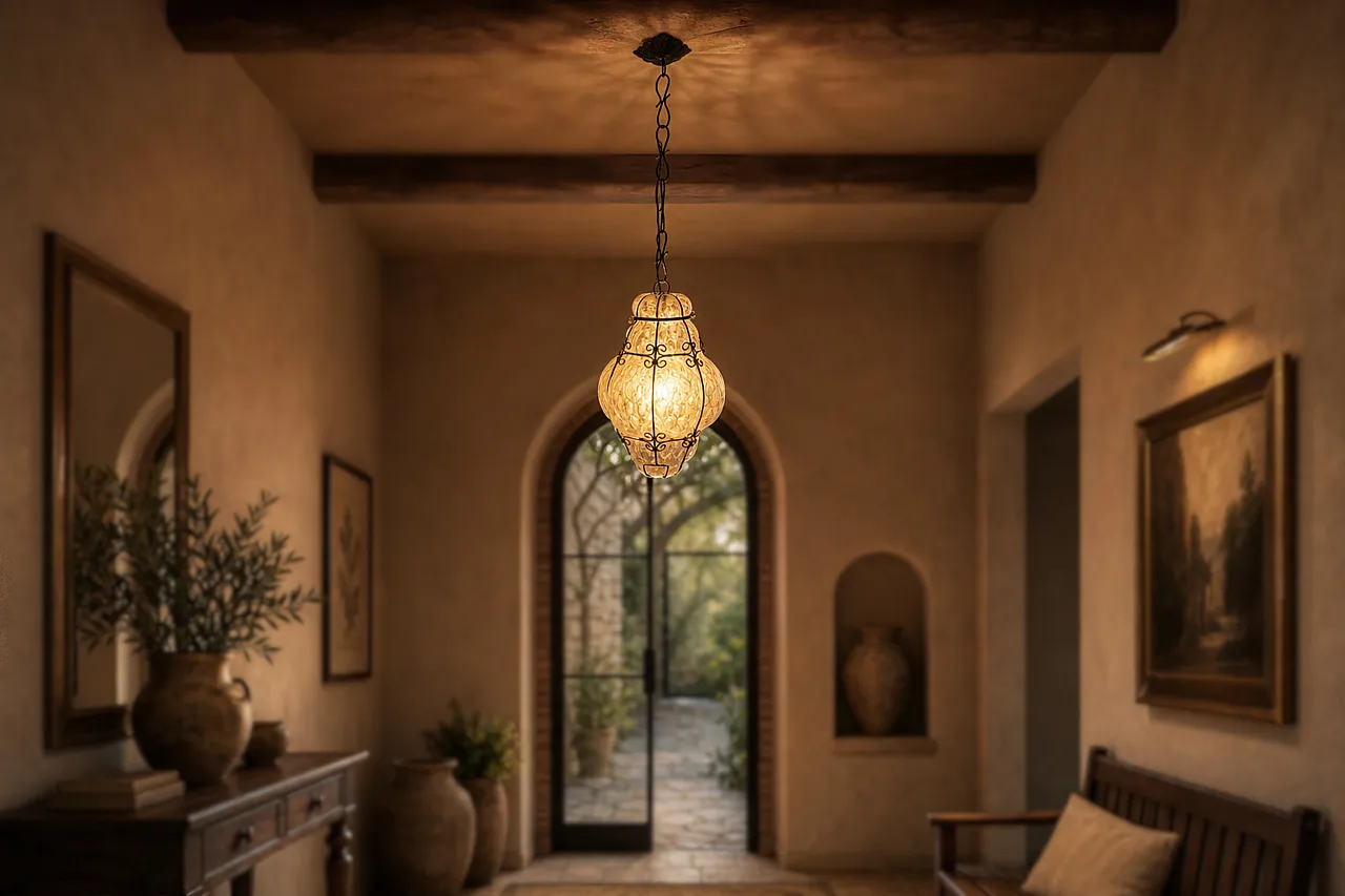 Suspension lamp in blown glass and wrought Iron, 90s 2