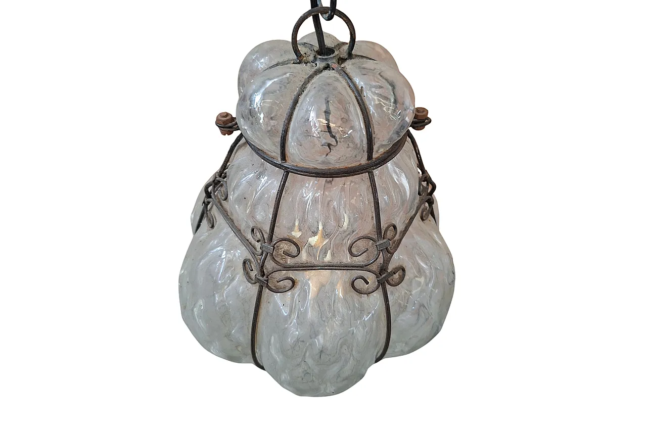 Suspension lamp in blown glass and wrought Iron, 90s 4