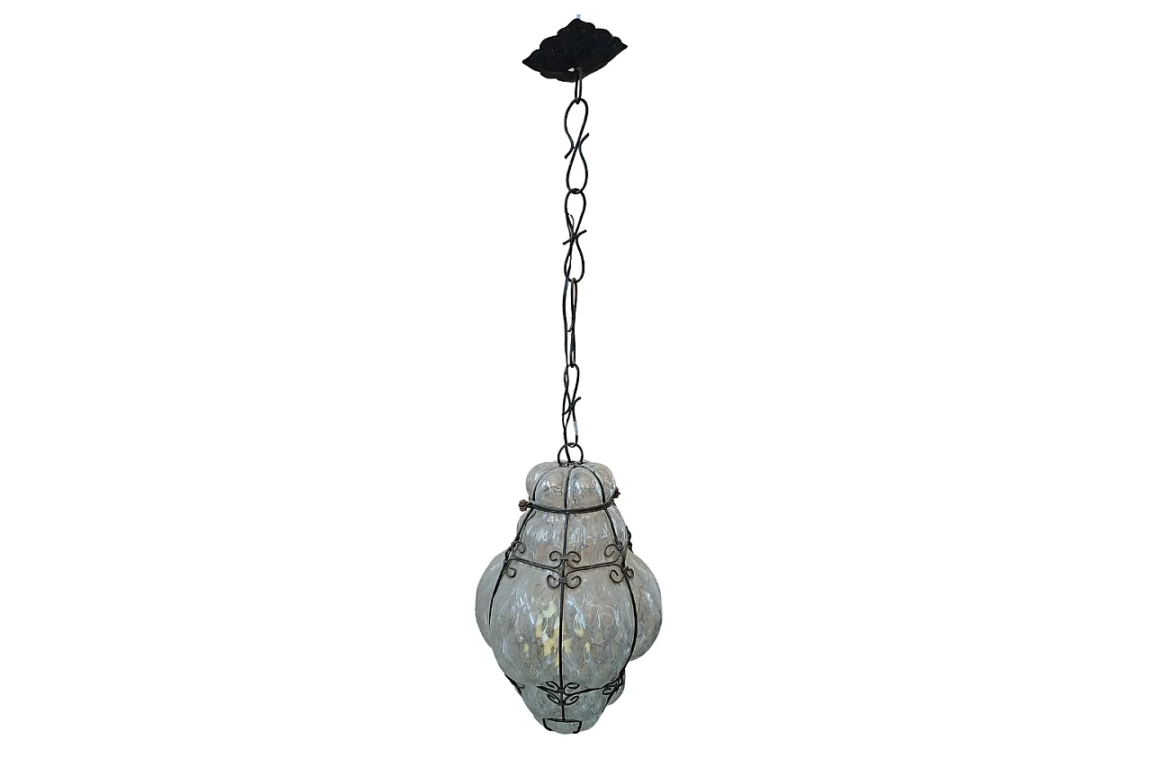 Suspension lamp in blown glass and wrought Iron, 90s 7