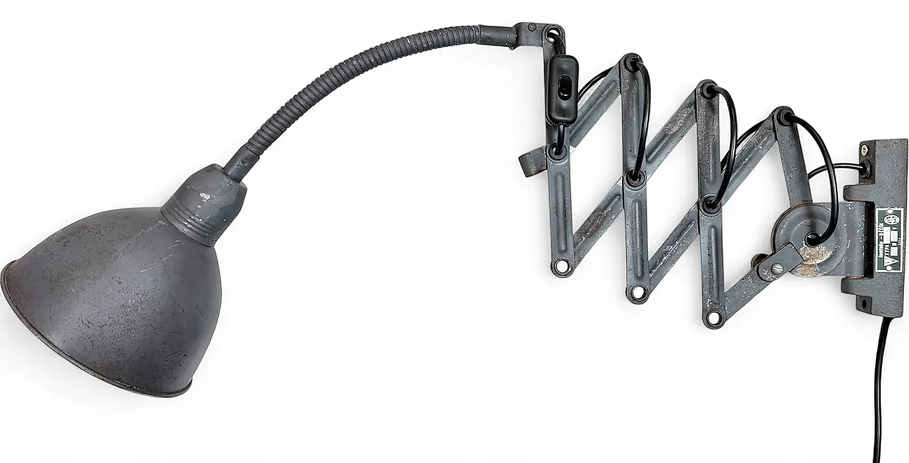 Grey Industrial Gooseneck scissor wall lamp by Elektroinstala, 1960s 20