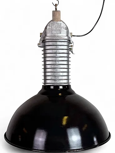 Large Industrial Black Enamel Factory Pendant Lamp from Philips, 1960s