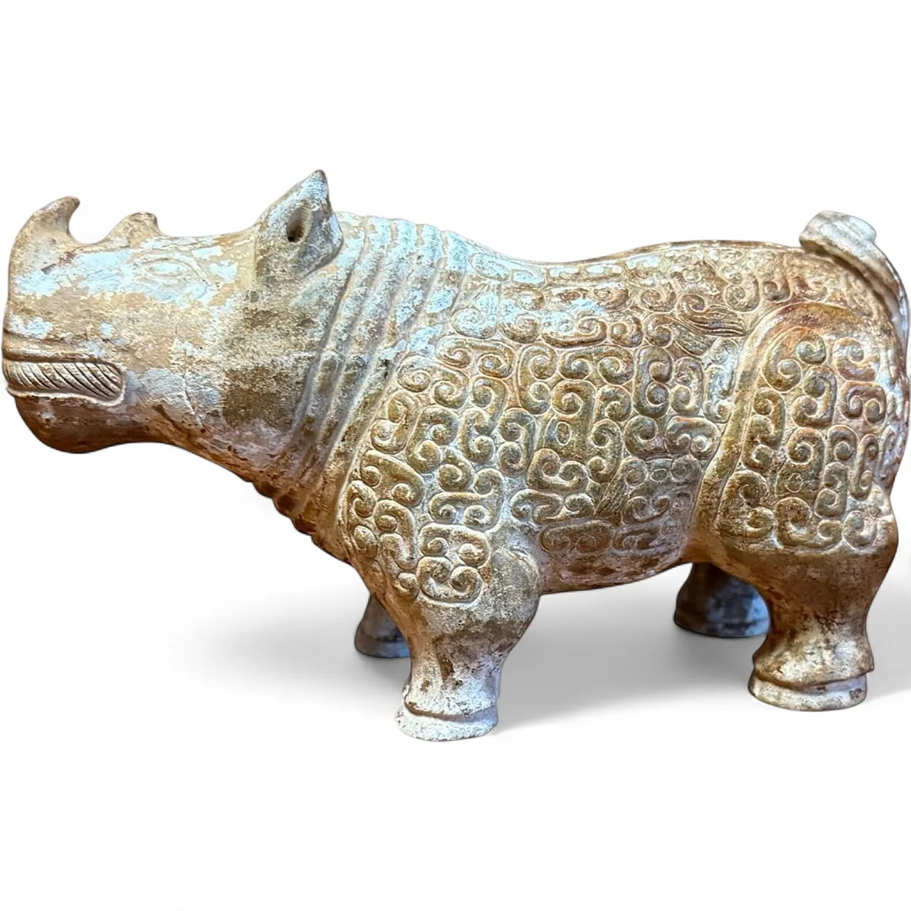Figura cinese di rinoceronte in giada bianca, patina naturale, '600 14