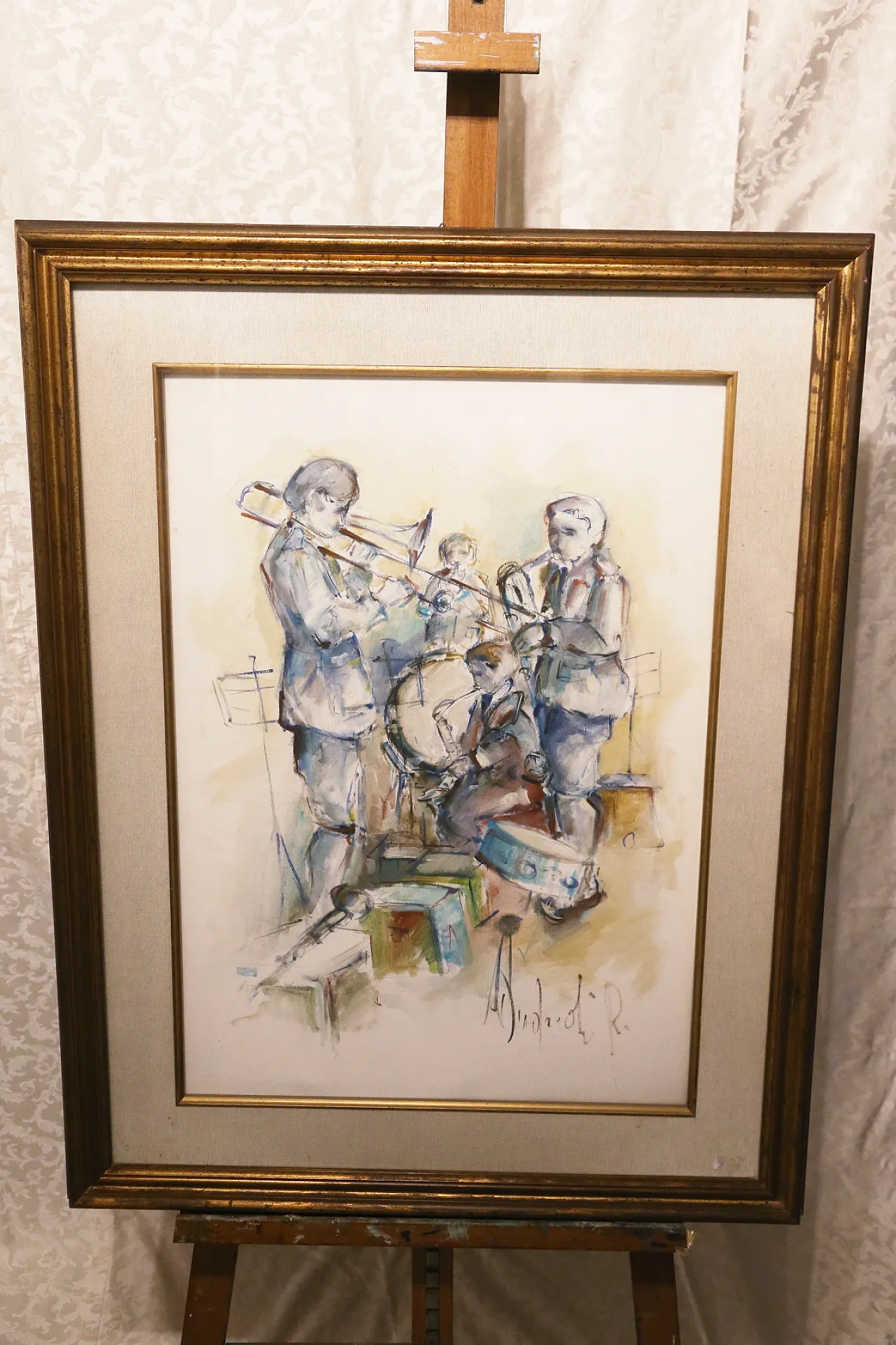 Roberto Andreoli quadro olio su tela musicisti jazz concerto, anni '50 1