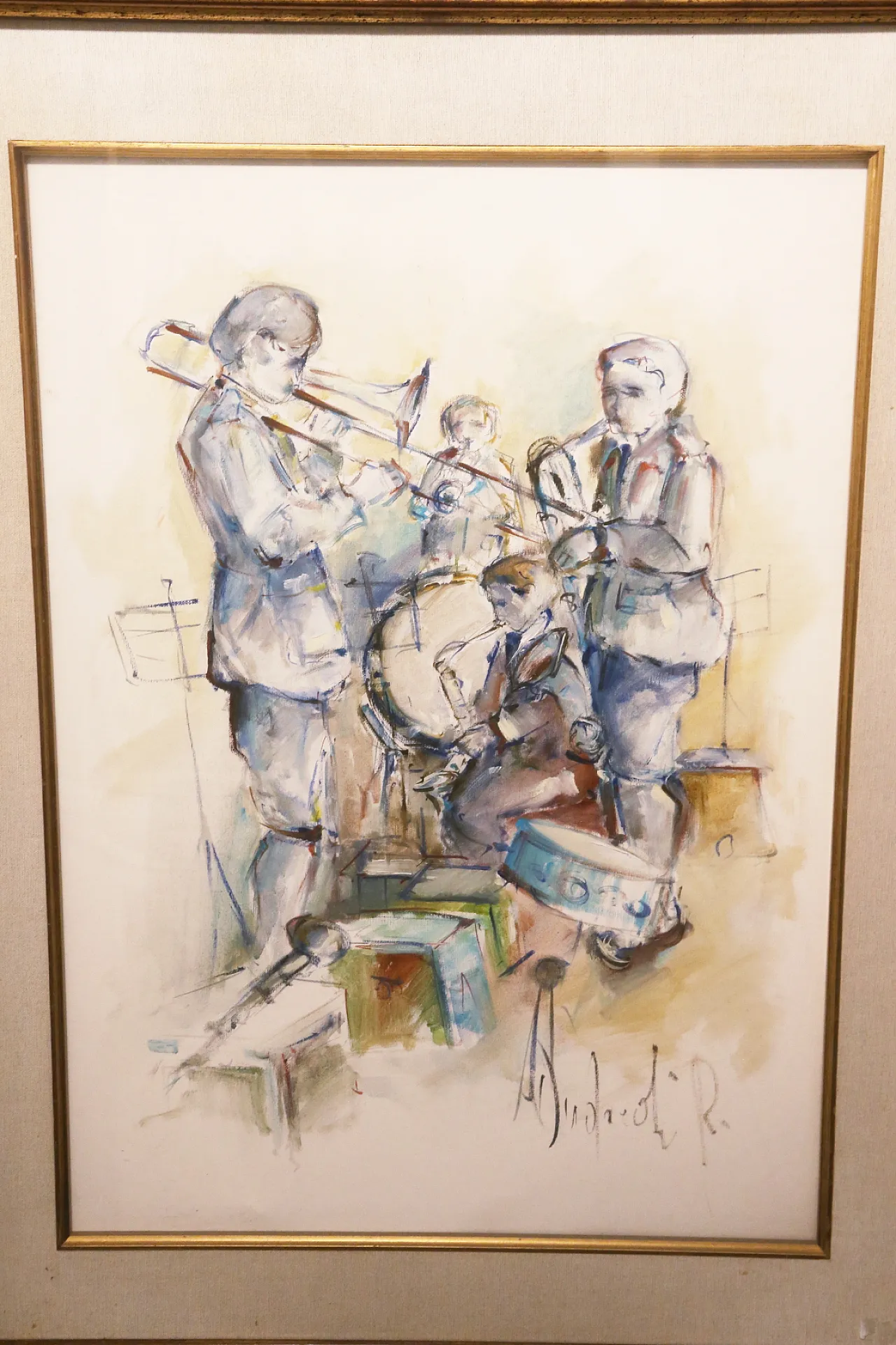Roberto Andreoli quadro olio su tela musicisti jazz concerto, anni '50 2