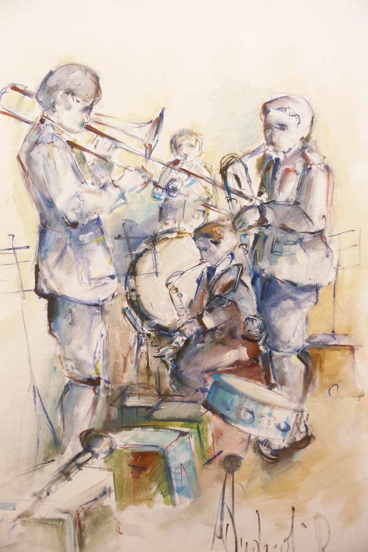 Roberto Andreoli quadro olio su tela musicisti jazz concerto, anni '50 3