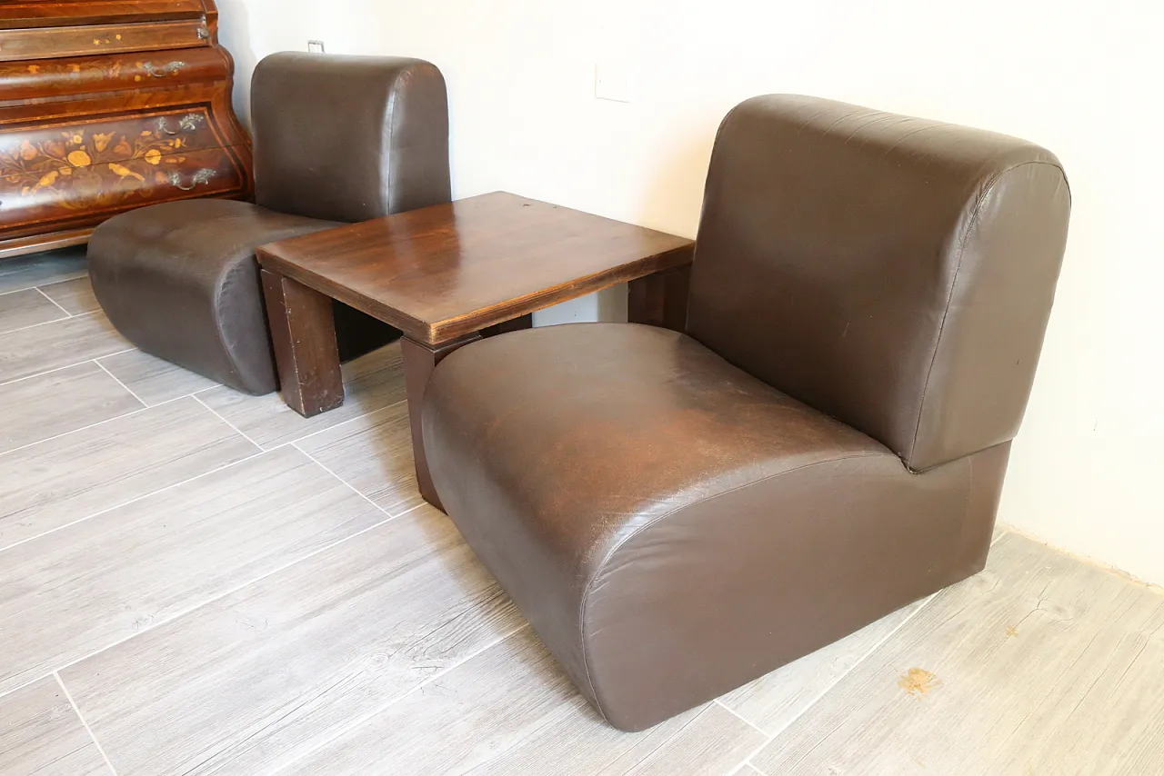 Coppia poltrone divano componibili pelle e tavolo, anni '60 3