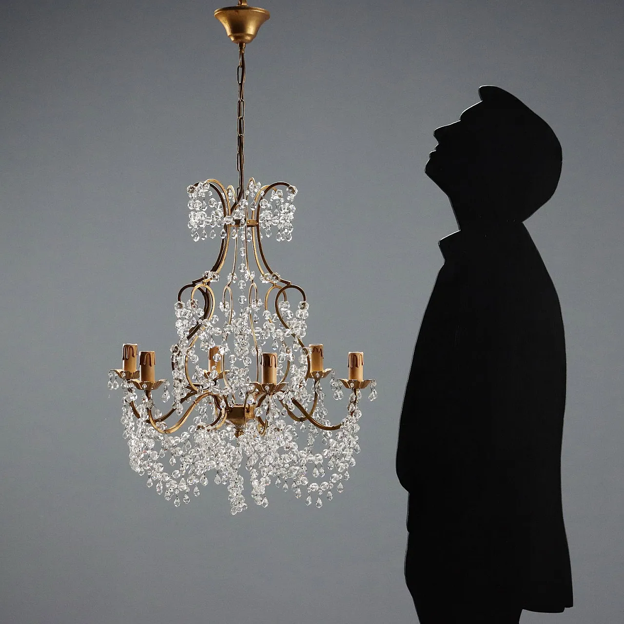 Lampadario in ferro e lamierino dorati, '900 2