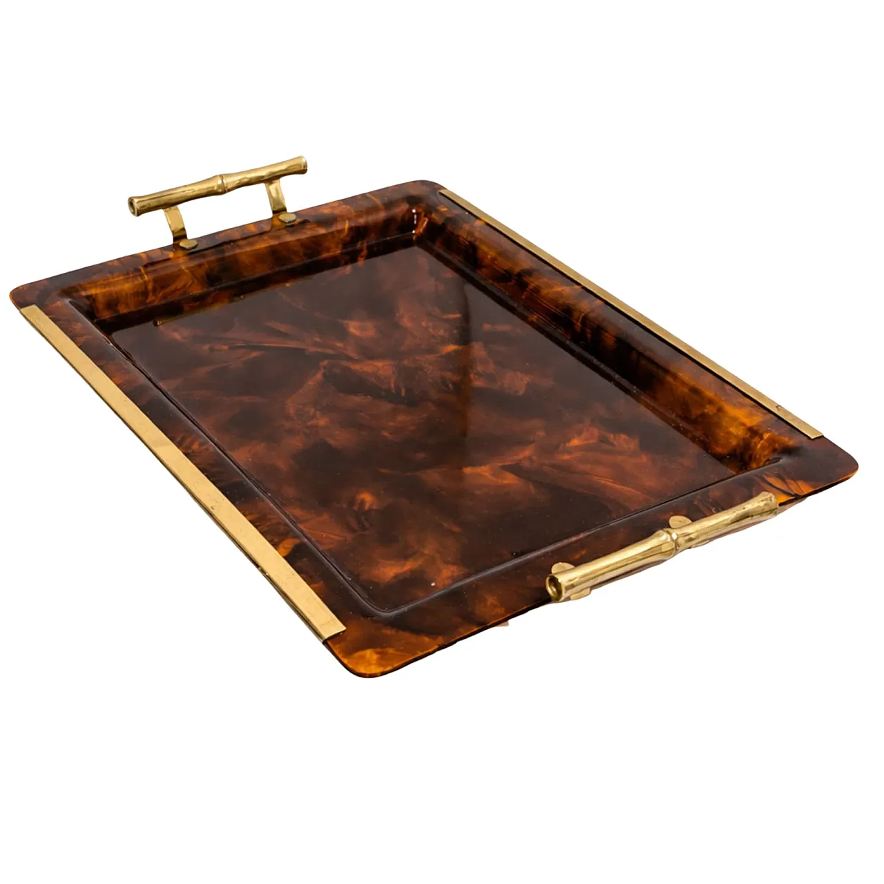 Vassoio bachelite tartaruga e ottone bamboo stile Gucci, Italia, 70s 1