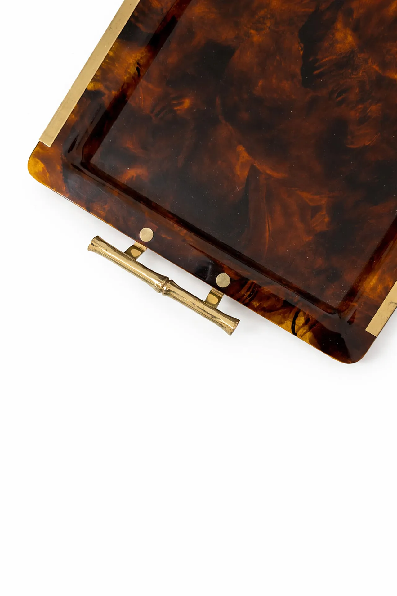 Vassoio bachelite tartaruga e ottone bamboo stile Gucci, Italia, 70s 3