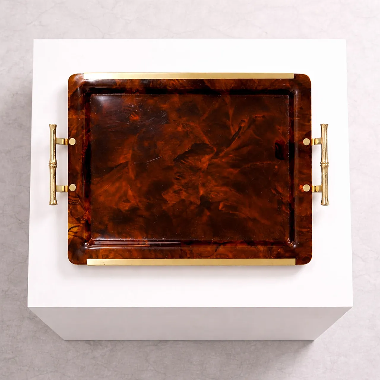 Vassoio bachelite tartaruga e ottone bamboo stile Gucci, Italia, 70s 5