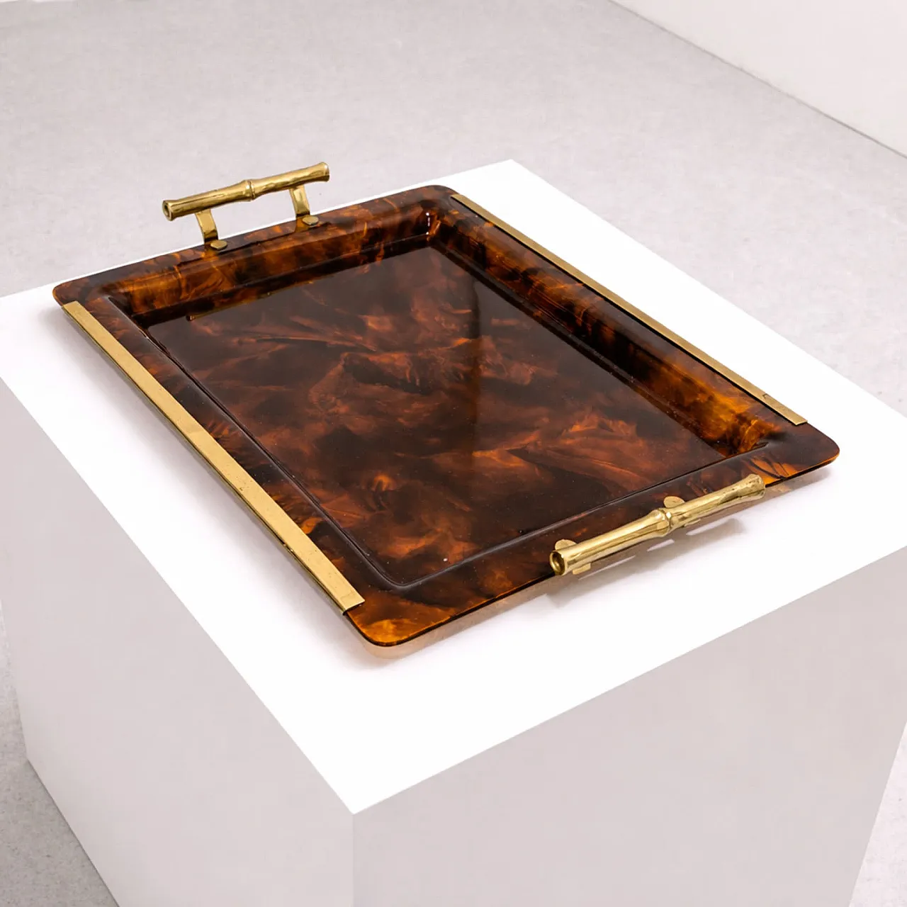 Vassoio bachelite tartaruga e ottone bamboo stile Gucci, Italia, 70s 7