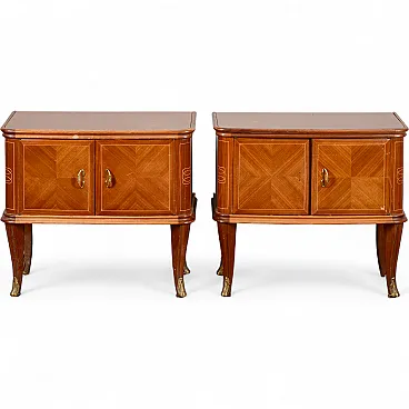 Pair of wooden bedside tables with glass tops, mid-20th century
