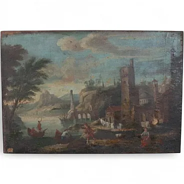 Oil painting on canvas, coastal landscape, 18th century
