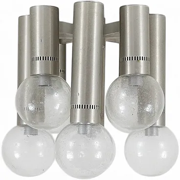 Lampadario da soffitto in metallo e vetro, anni '70