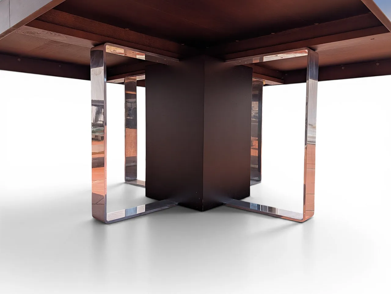 Large square dining table in wood and steel, 1970s/80s 2