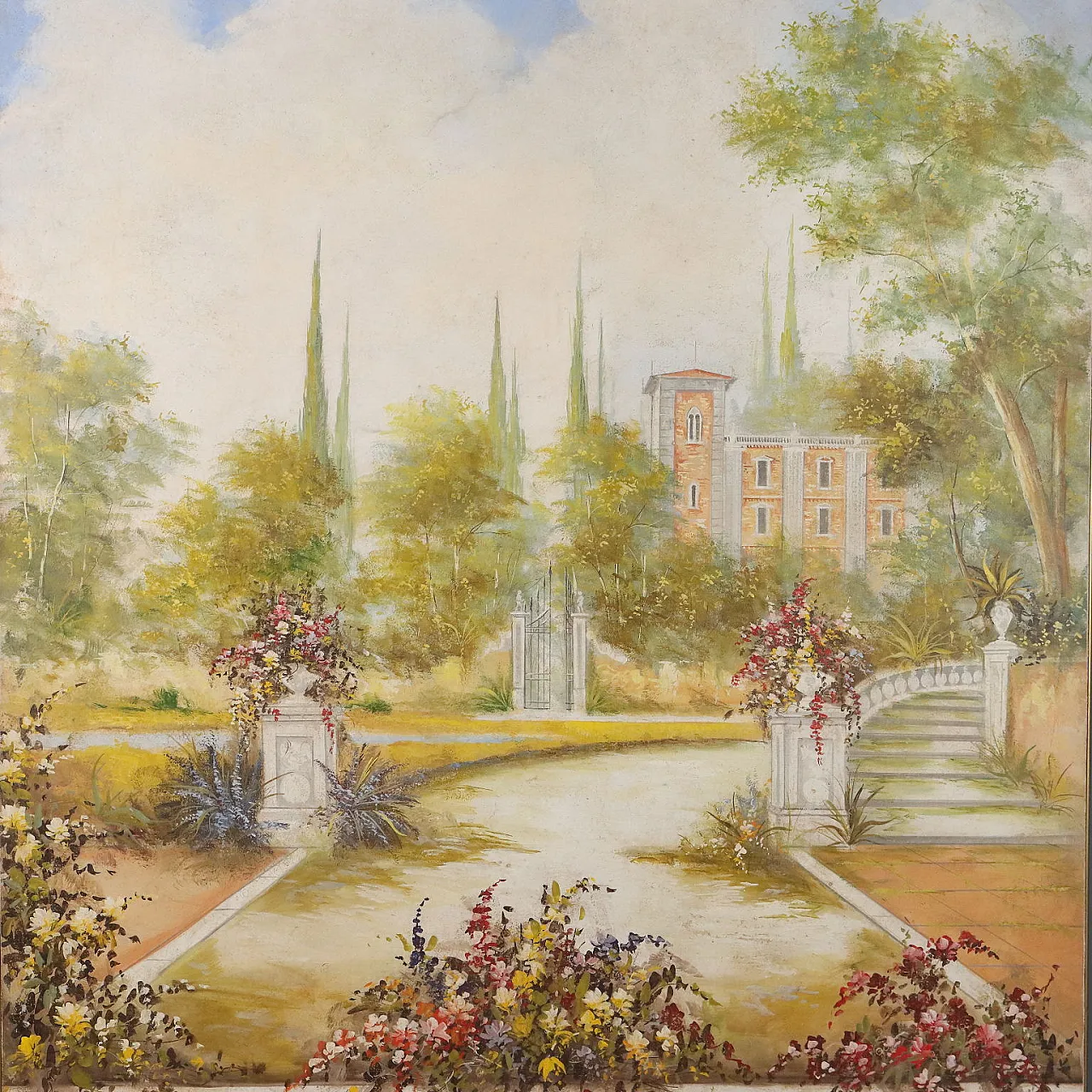 Painted Villa with Garden, mixed media on canvas, 20th century 3