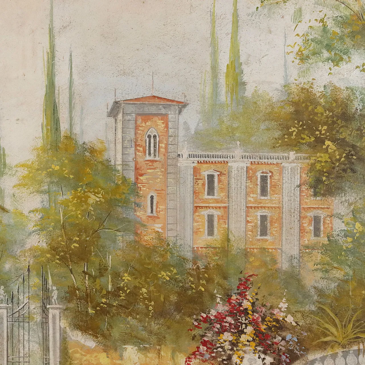 Painted Villa with Garden, mixed media on canvas, 20th century 4